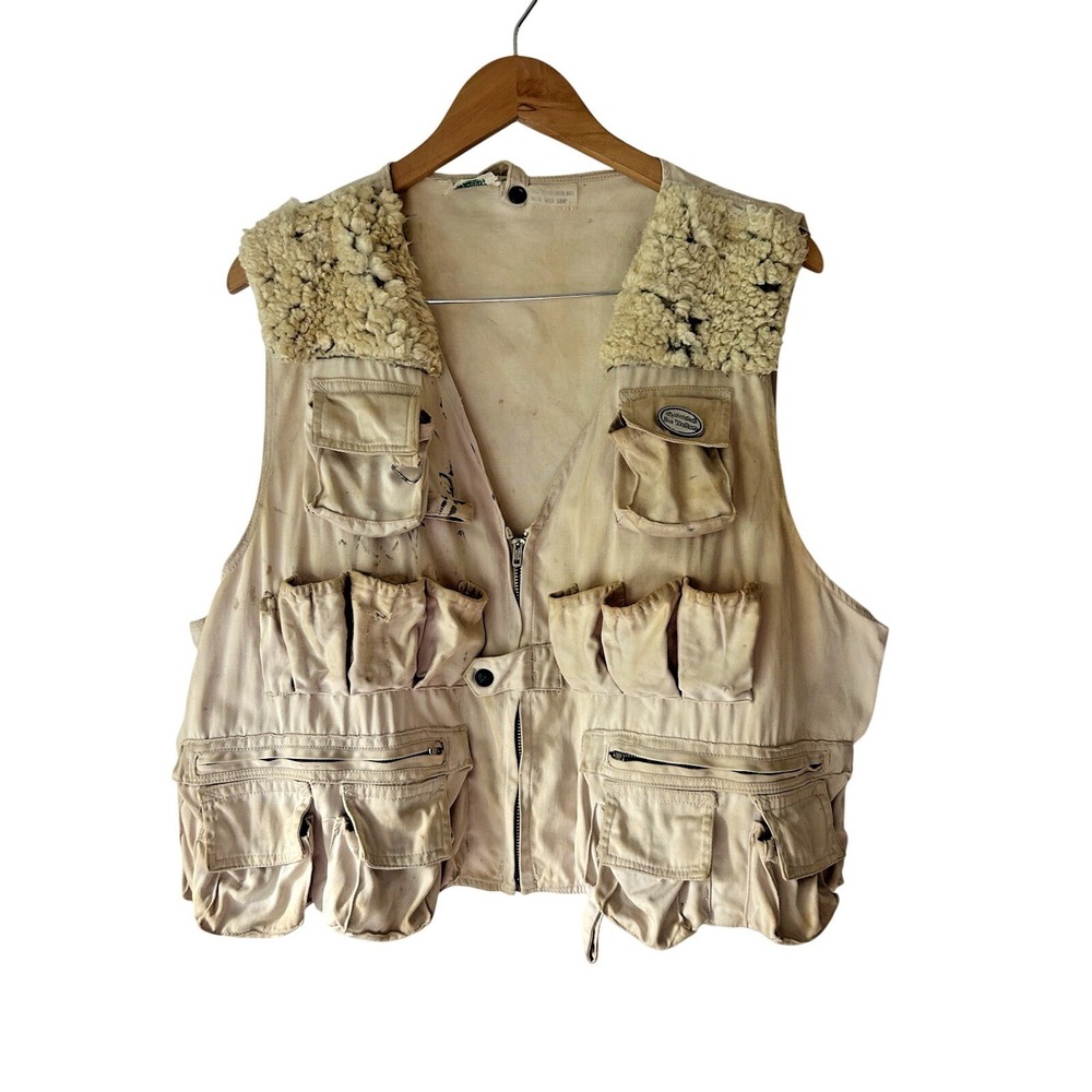 Ike Walton Mens Fly Fishing Hunting Utility Vest Beige Sherpa Pockets Thrashed